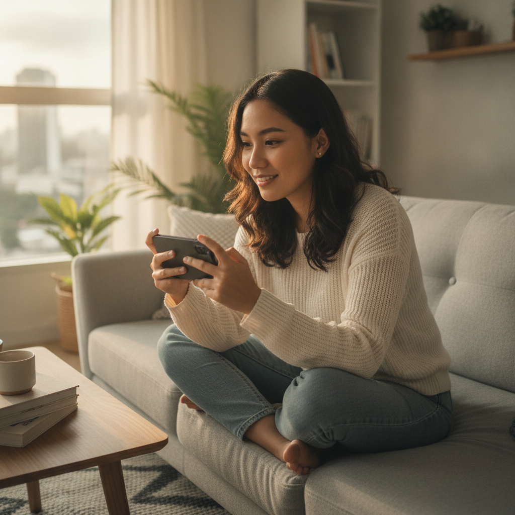 Filipino player exploring mobile casino gaming on smartphone at home